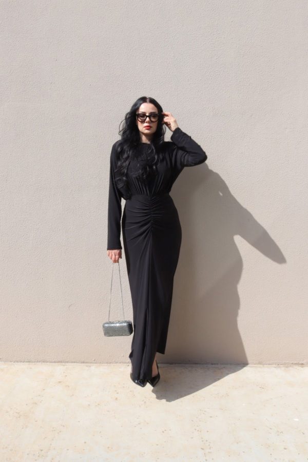 6079 - Büzgülü Sandy Kalem Elbise Siyah