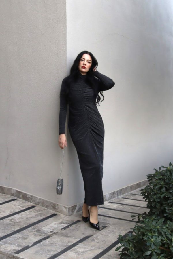 6174 - Drapeli Simli Kalem Elbise Siyah