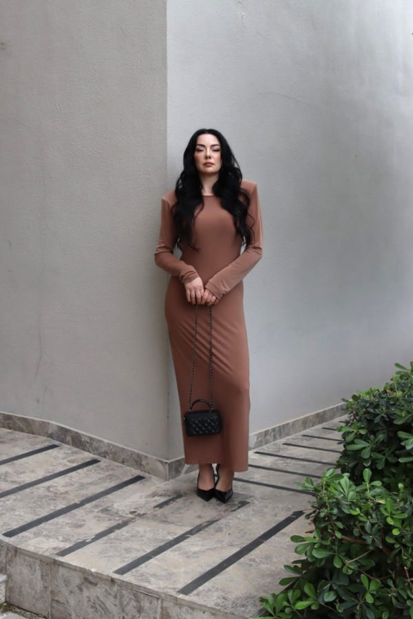 6207 - Mocha Vatkalı Maksi Elbise