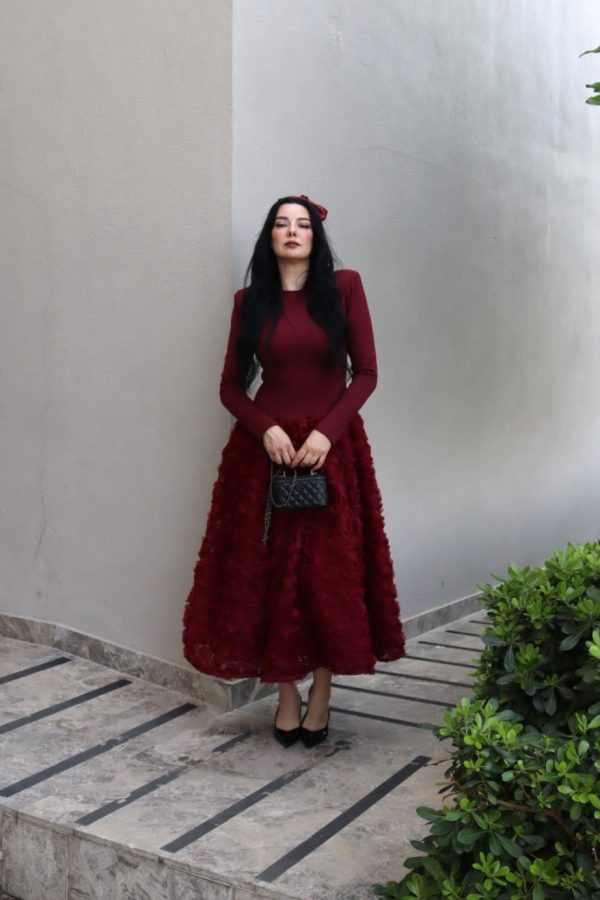 6213 - Kloş Eteği Çiçekli Elbise Bordo