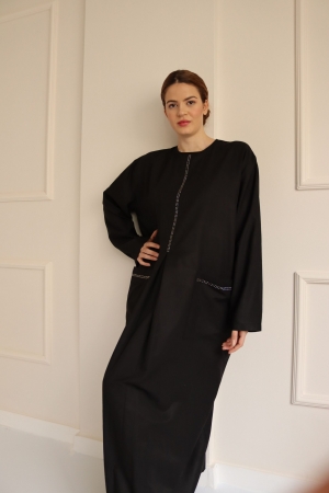 6003-Taş Detaylı Cepli Koton Elbise Siyah