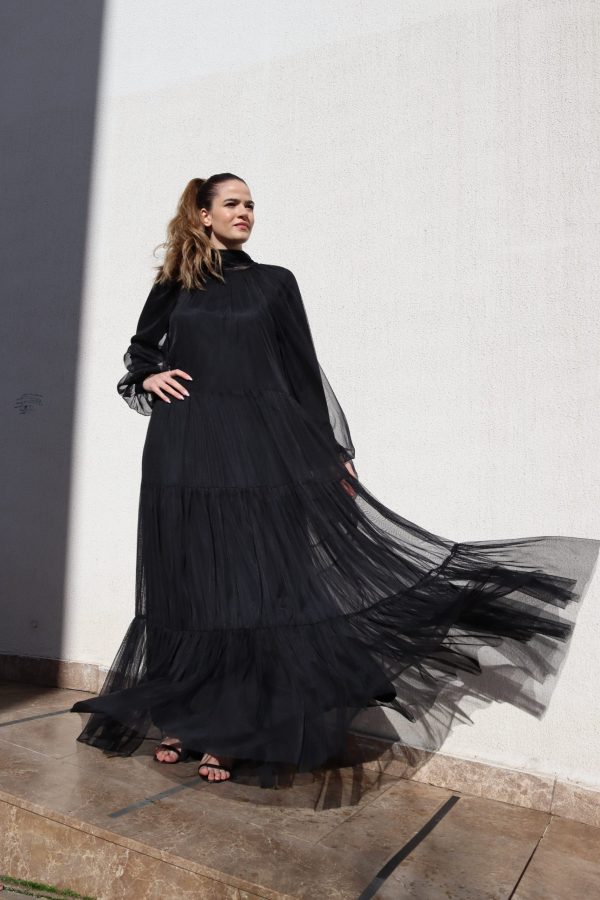 6029 - Katlı Tül Elbise Siyah