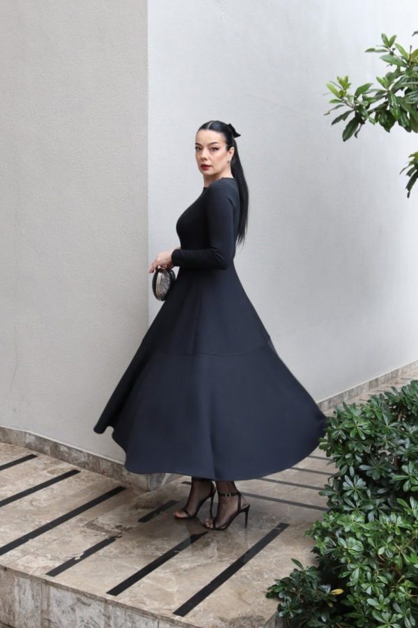 6100 - Scuba Kloş Abiye Elbise Siyah