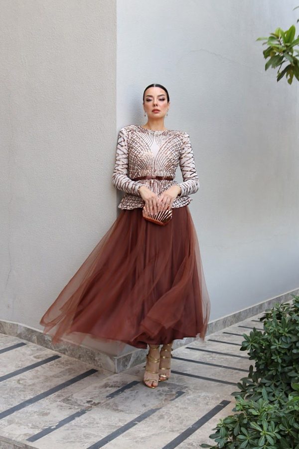6114 - Peplum Payet Kloş Abiye Elbise Bakır