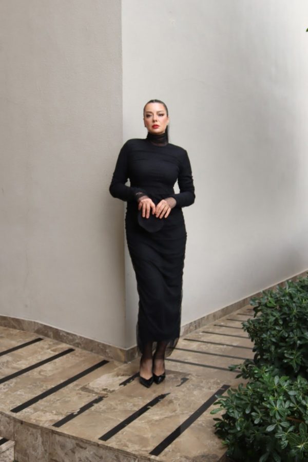 6091 - Taş Baskılı Likra Tül Abiye Elbise