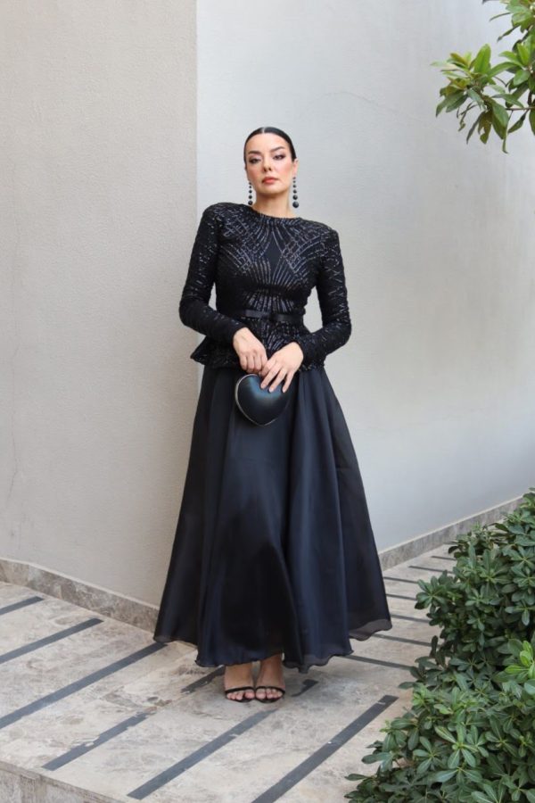 6128 - Peplum Payet Kloş Abiye Takım Siyah