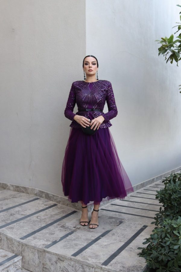 6127 - Peplum Payet Kloş Abiye Elbise Mor