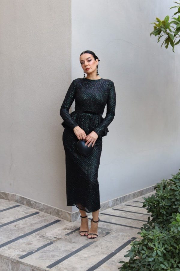 6137 - Glitter Simli Peplum Kalem Abiye Elbise