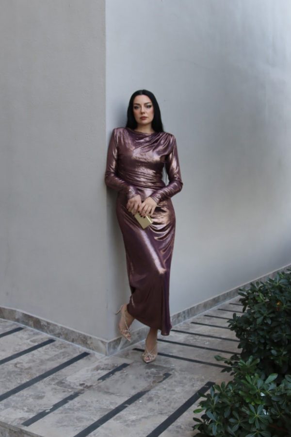 6151 - Metalik Drapeli Kalem Elbise Bakır