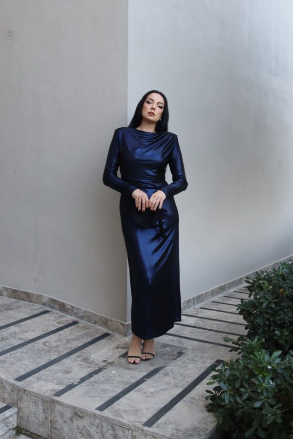 6150 - Metalik Drapeli Kalem Elbise Lacivert