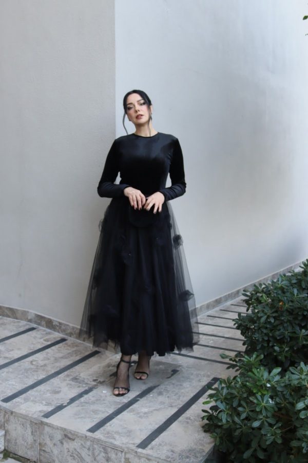 6148 - Kadife Eteği Çiçekli Kloş Elbise