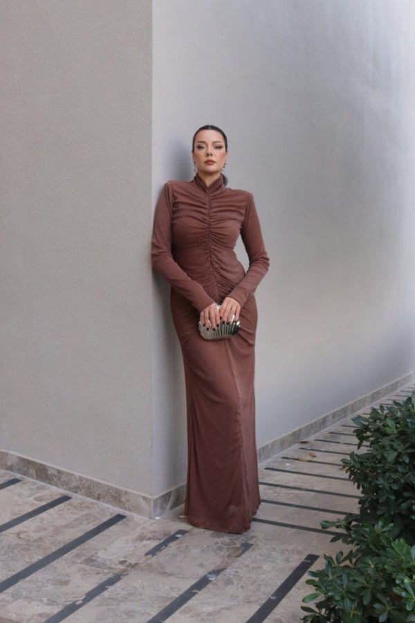 6153 - Önü Drapeli Balık Elbise Kahve