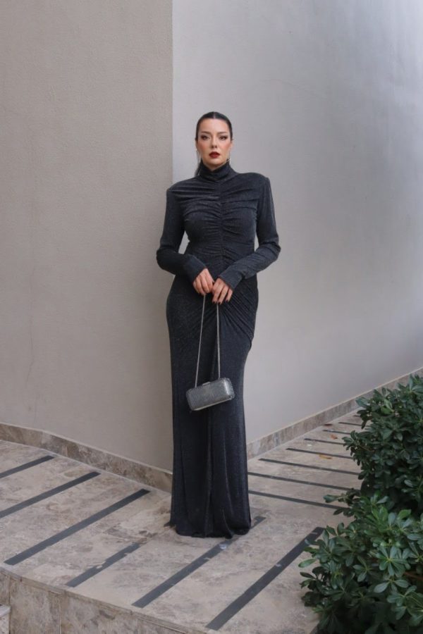 6152 - Önü Drapeli Balık Elbise Siyah