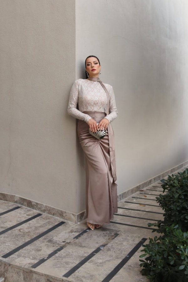 6154 - Dantelli ve Eteği Drapeli Kalem Elbise Vizon