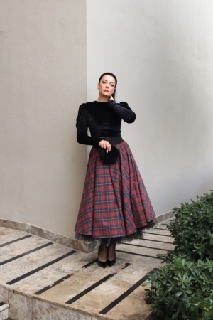 6157 – Tartan Desenli Tül Astarlı Kloş Koton Etek