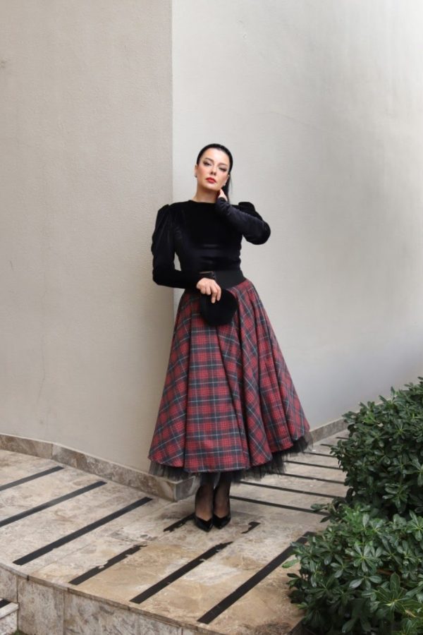 6157 - Tartan Desenli Tül Astarlı Kloş Koton Etek