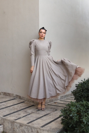 6160 – Puff Kollu Tül Astarlı Koton Kloş Elbise