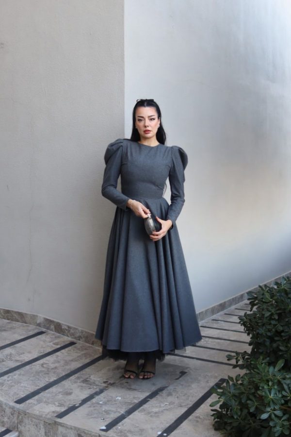 6161 - Puff Kollu Tül Astarlı Koton Kloş Elbise Antrasit