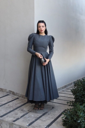 6161 – Puff Kollu Tül Astarlı Koton Kloş Elbise Antrasit