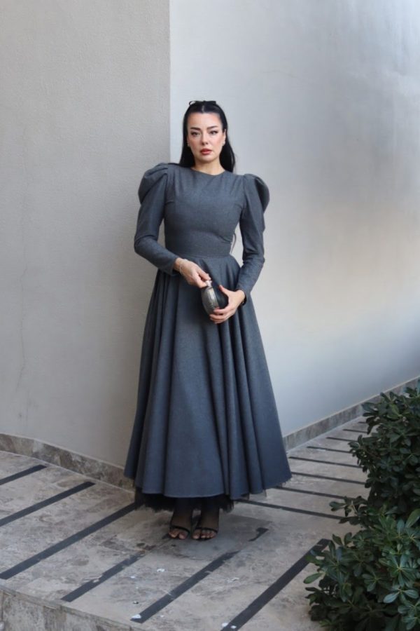 6161 - Puff Kollu Tül Astarlı Koton Kloş Elbise Antrasit