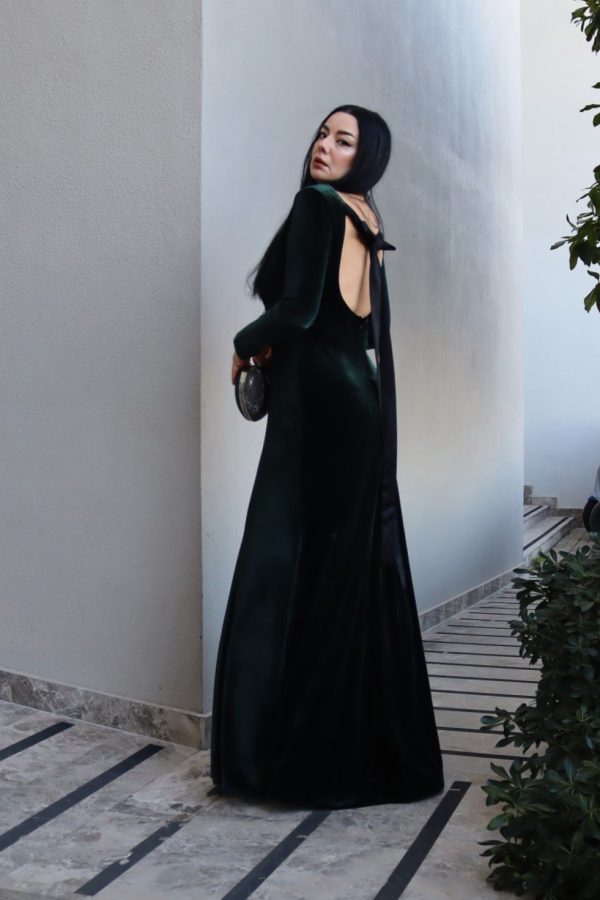 6164 - Sırt Dekolteli Balık Kadife Elbise Yeşil