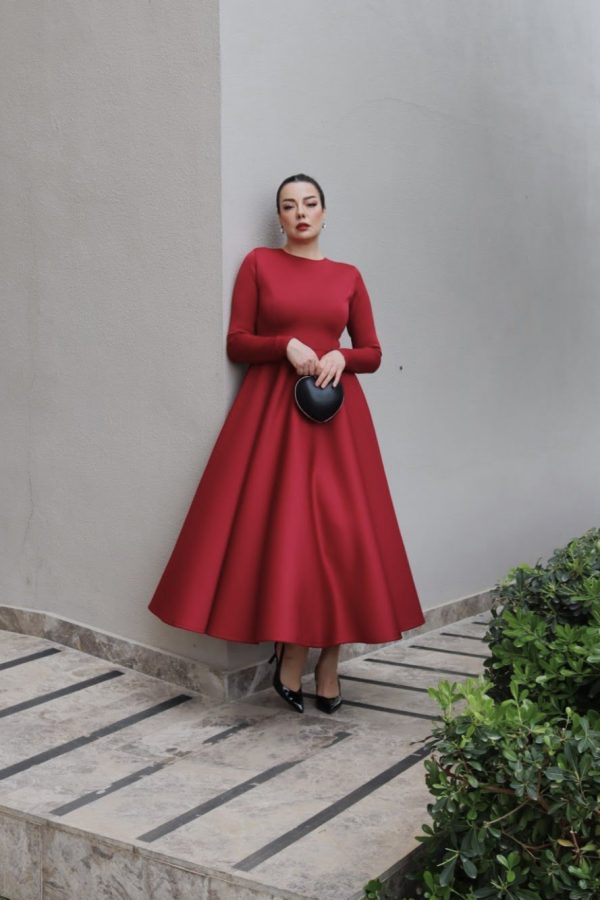 6193 - Scuba Kloş Abiye Elbise Bordo