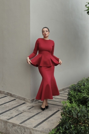 6195 – Puff Scuba Peplum Bluz Bordo
