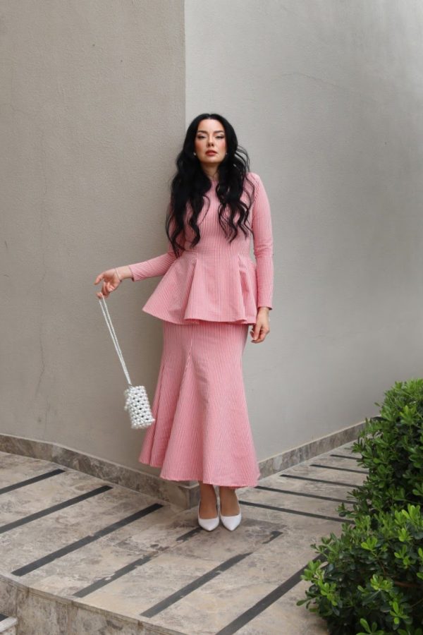 6191 - Peplum Bluz Balık Etek Çizgili İkili Takım