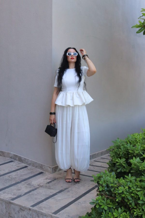 6222 - Saten Garnili Scuba Peplum Bluz Ekru