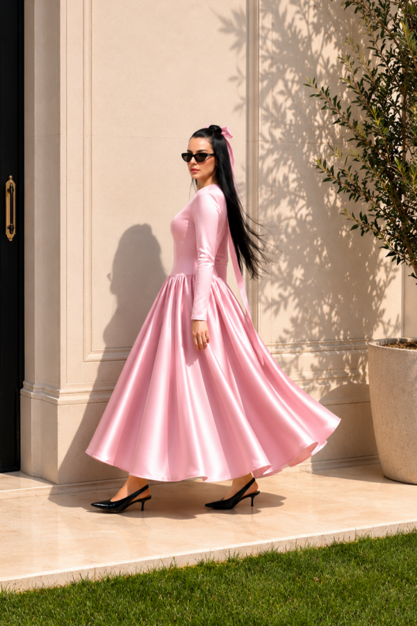 6218 - Kloş Eteği Mat Saten Scuba Elbise Pembe