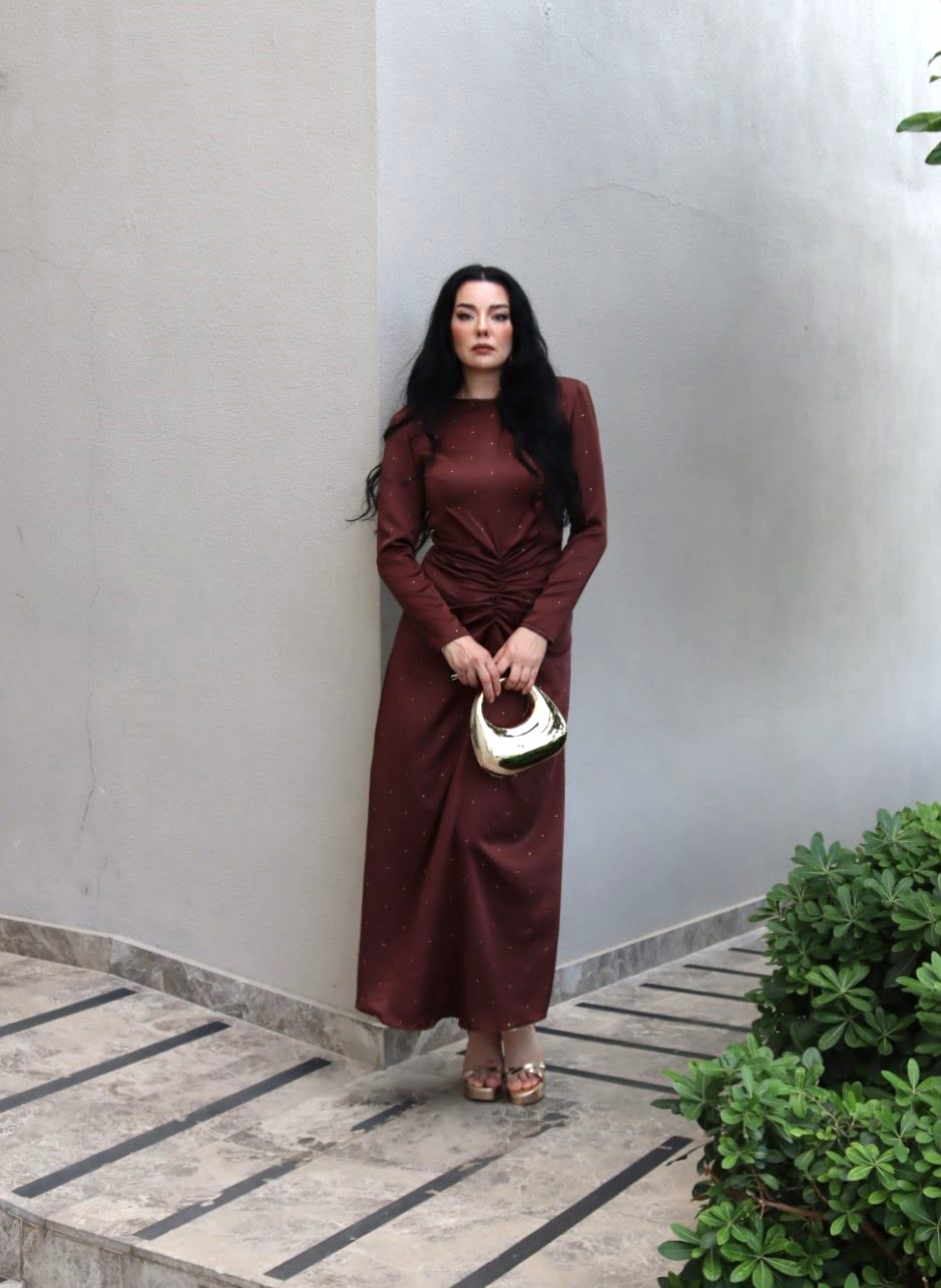 6226 - Drapeli Taşlı Saten Kalem Elbise Kahve - Görsel 2