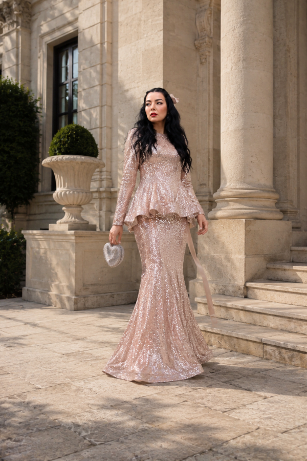 6237 - Payet Peplum Bluz Balık Etek İkili Takım Pudra