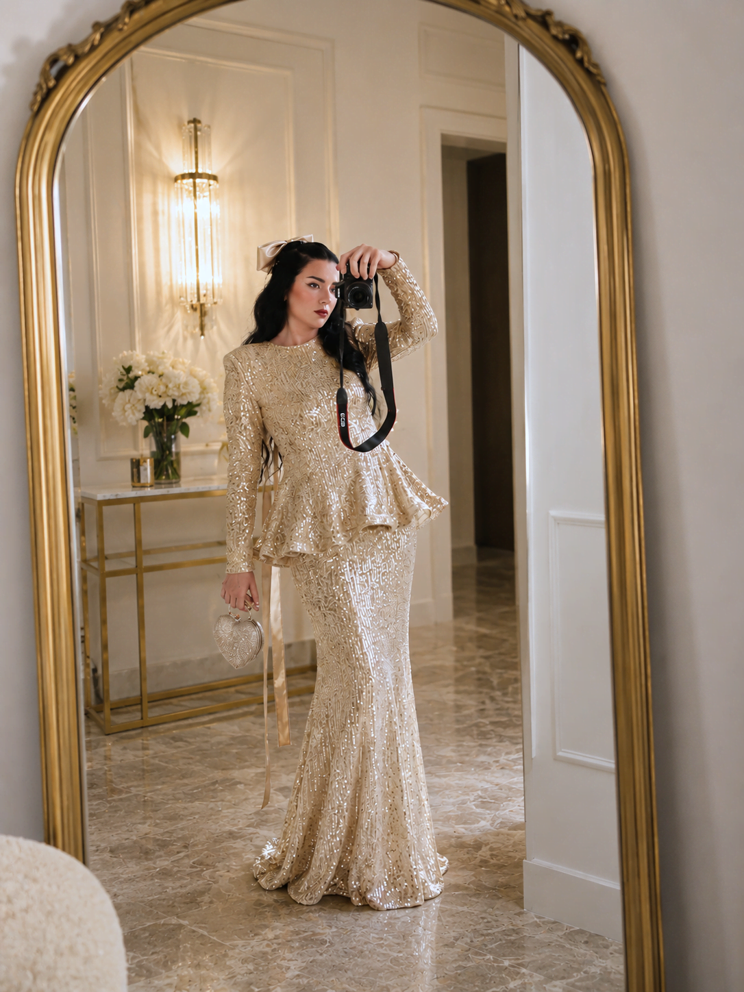 6236 - Payet Peplum Bluz Balık Etek İkili Takım Gold - Görsel 2