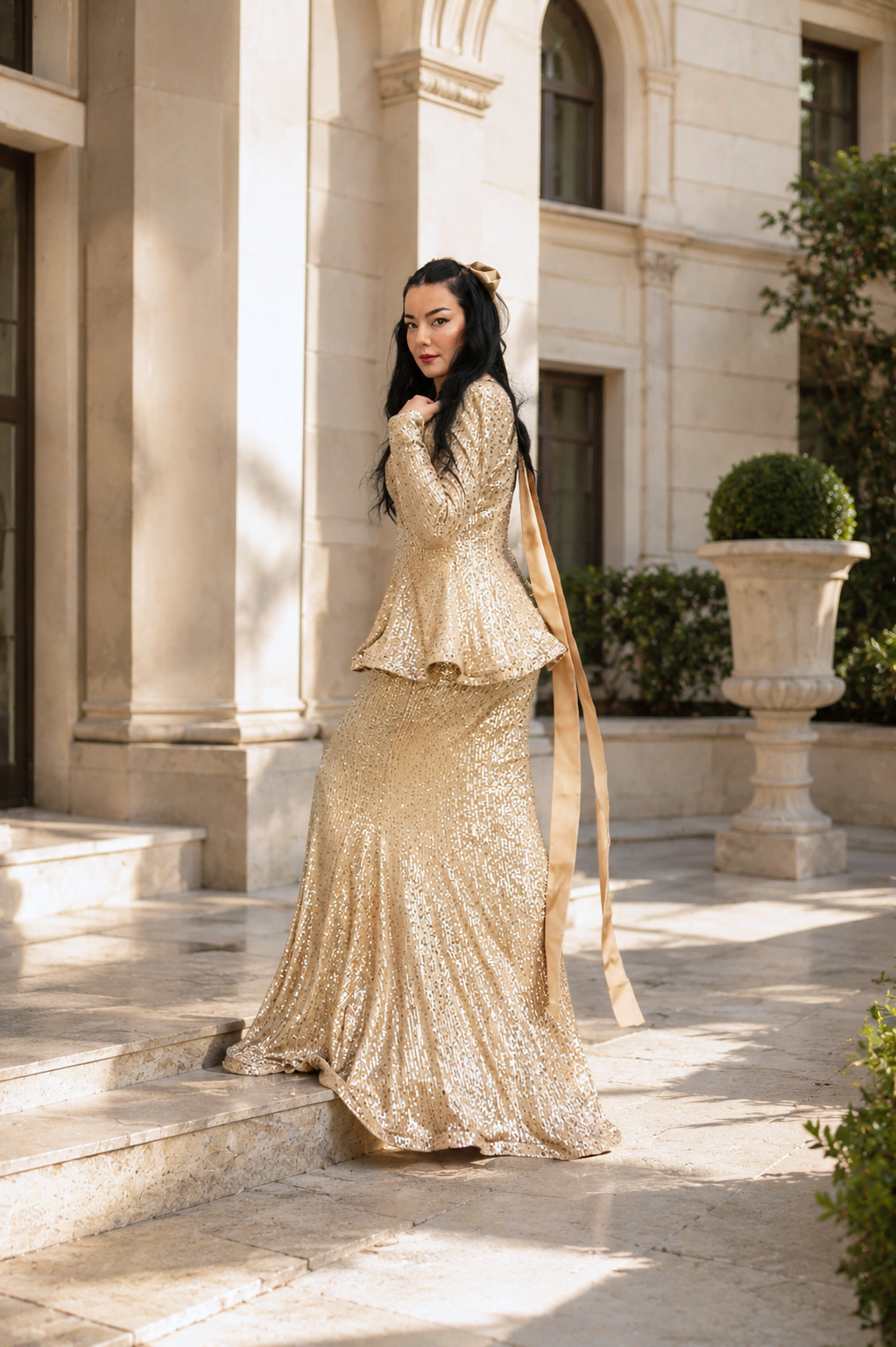 6236 - Payet Peplum Bluz Balık Etek İkili Takım Gold - Görsel 3