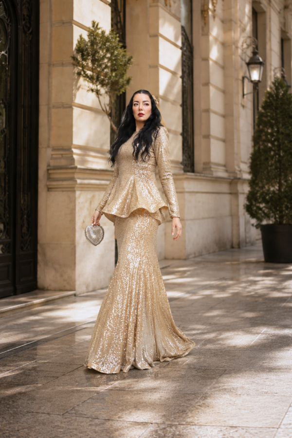 6236 - Payet Peplum Bluz Balık Etek İkili Takım Gold