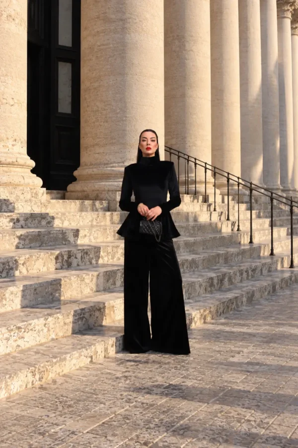 6249 - Peplum Bluz Palazzo Kadife İkili Takım