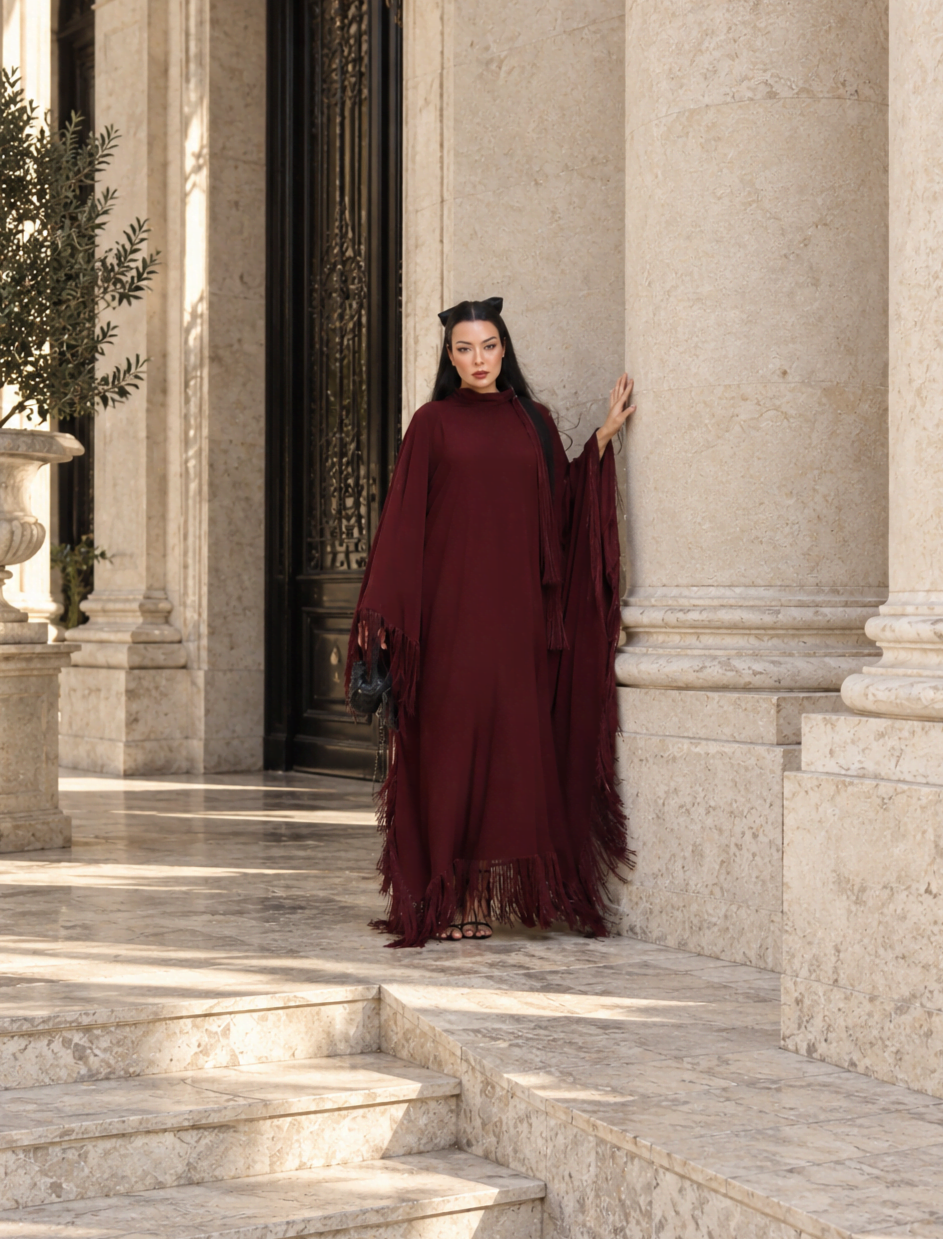 6244 - Püsküllü Abaya Elbise Bordo