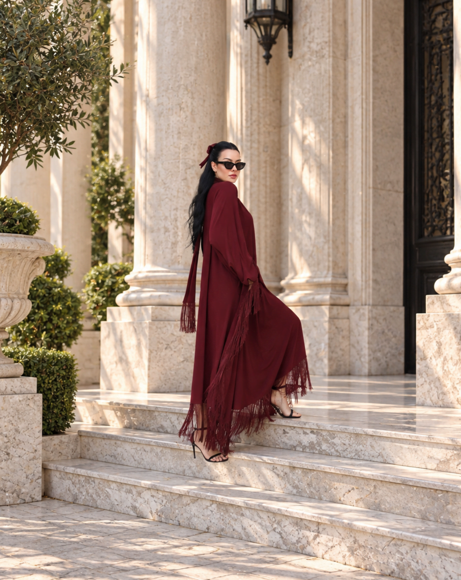 6244 - Püsküllü Abaya Elbise Bordo - Görsel 2