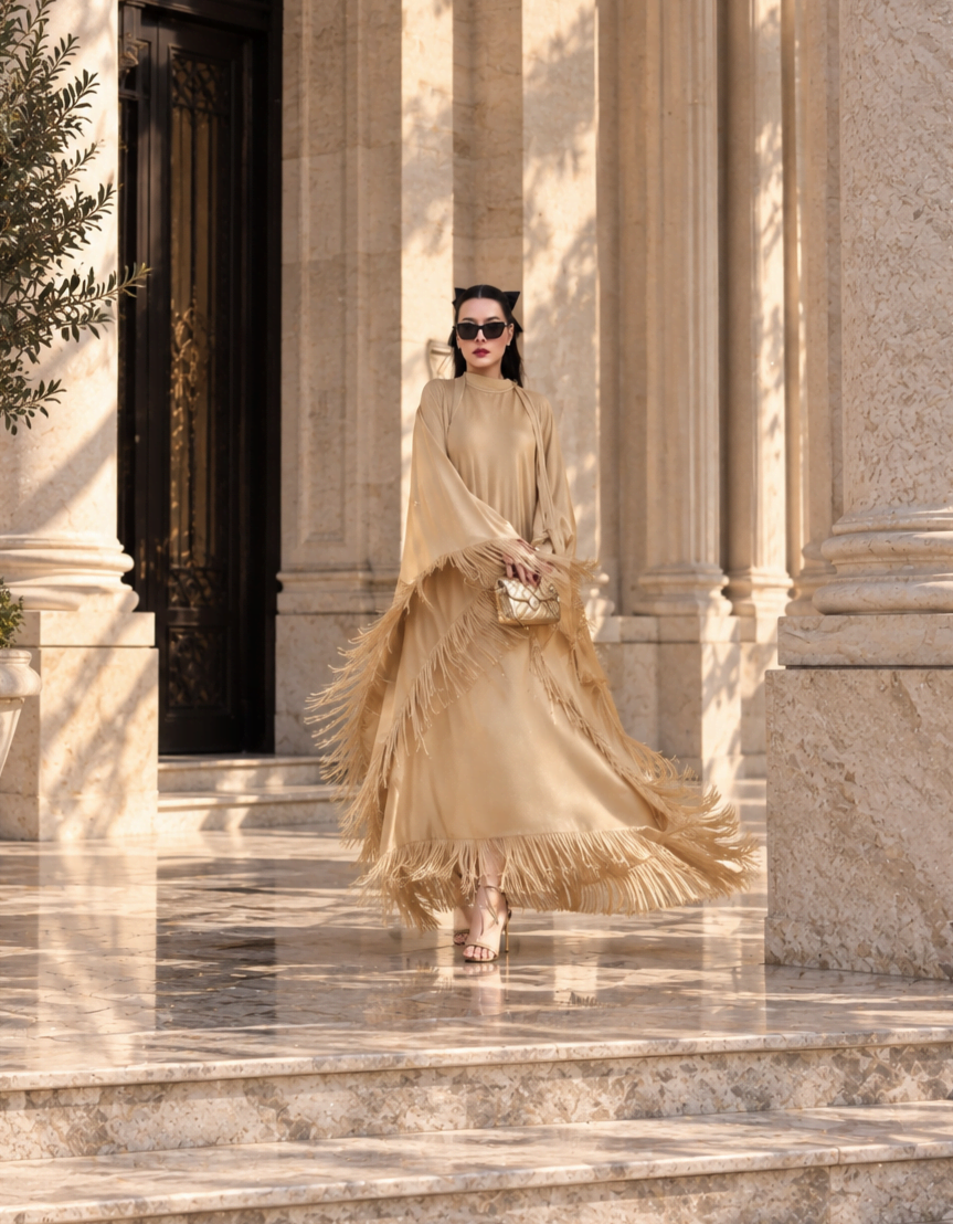 6243 - Püsküllü Abaya Elbise Gold