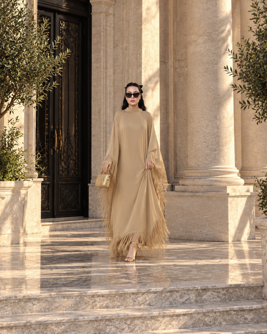 6243 - Püsküllü Abaya Elbise Gold - Görsel 2