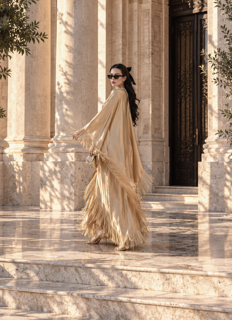6243 - Püsküllü Abaya Elbise Gold - Görsel 3