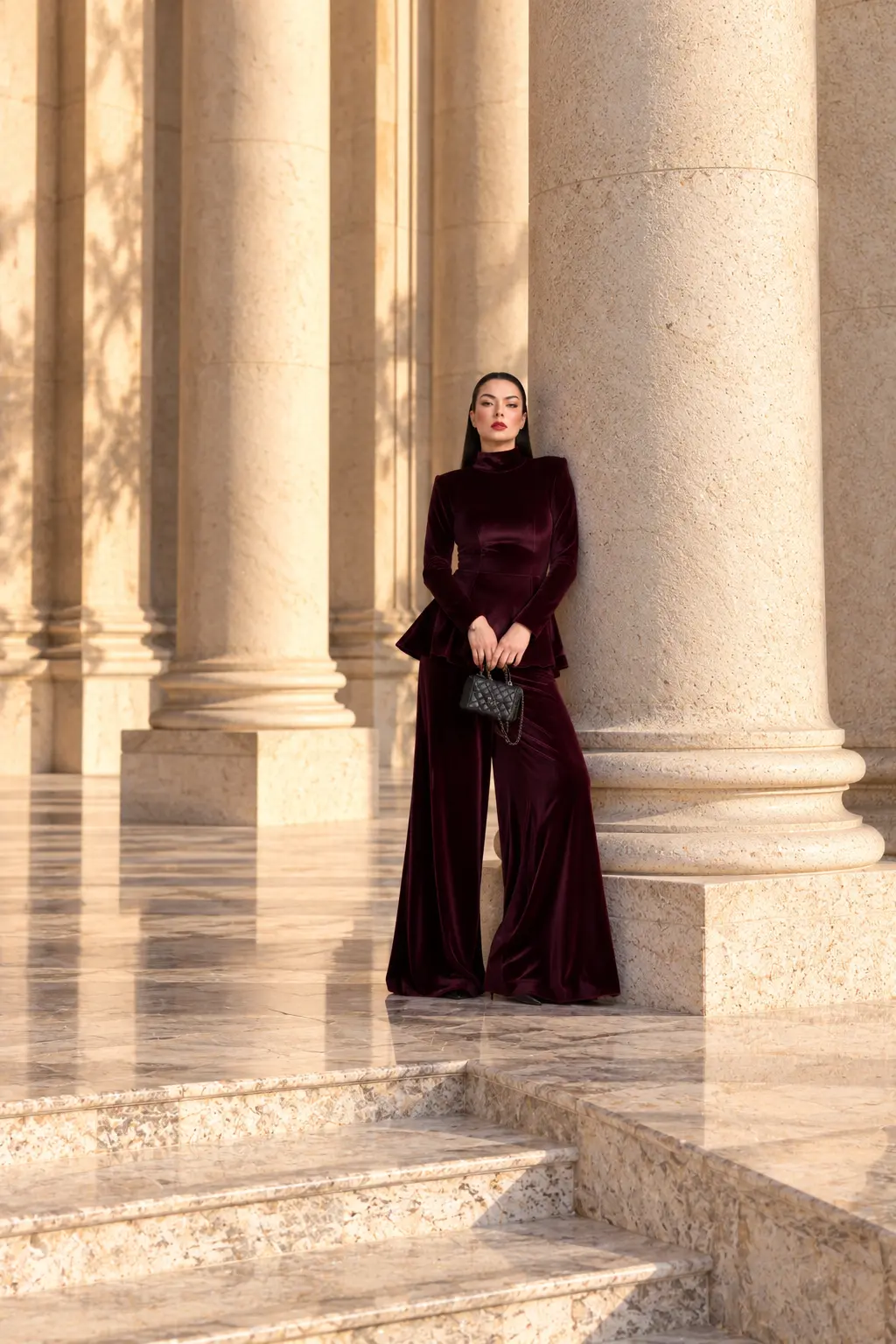 6258 - Peplum Bluz Palazzo Kadife İkili Takım Bordo - Görsel 3