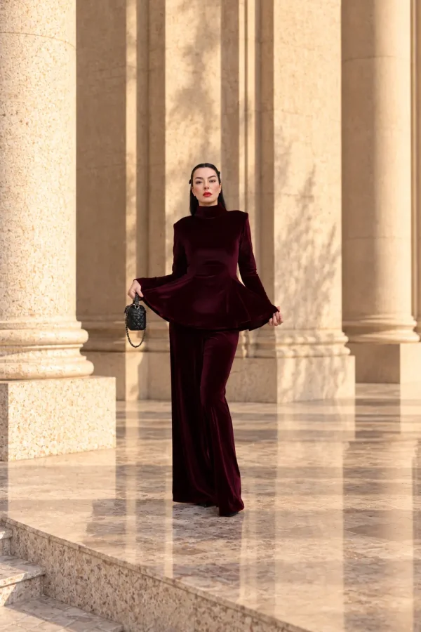 6258 - Peplum Bluz Palazzo Kadife İkili Takım Bordo