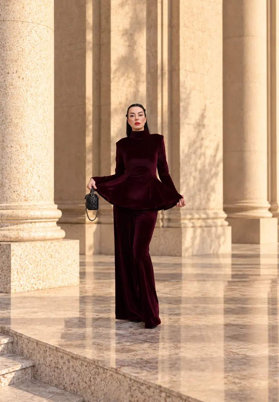 6258 - Peplum Bluz Palazzo Kadife İkili Takım Bordo
