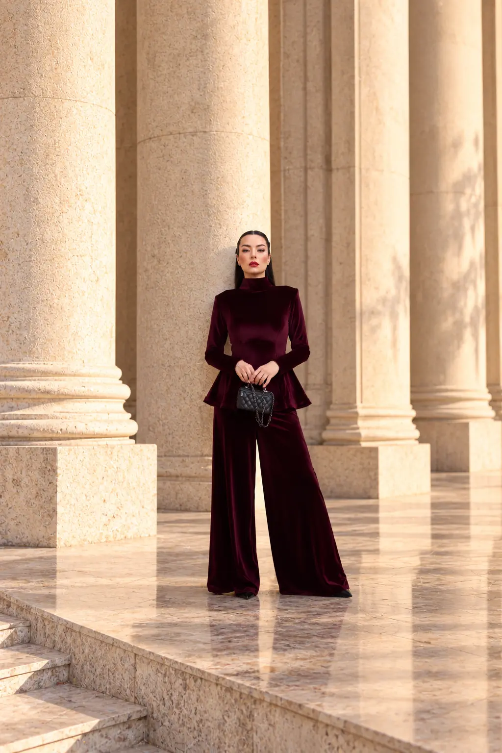 6258 - Peplum Bluz Palazzo Kadife İkili Takım Bordo - Görsel 2