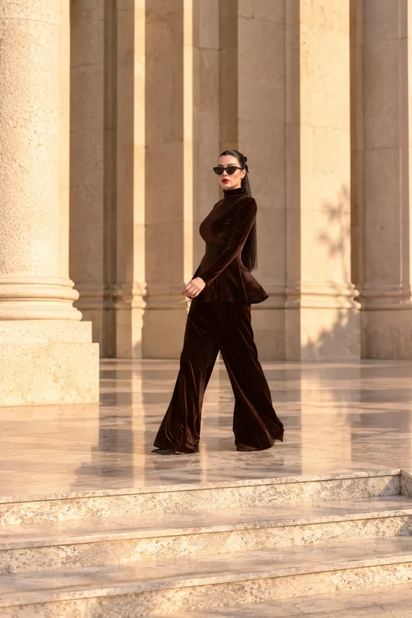 6260 - Peplum Bluz Palazzo Kadife İkili Takım Kahve