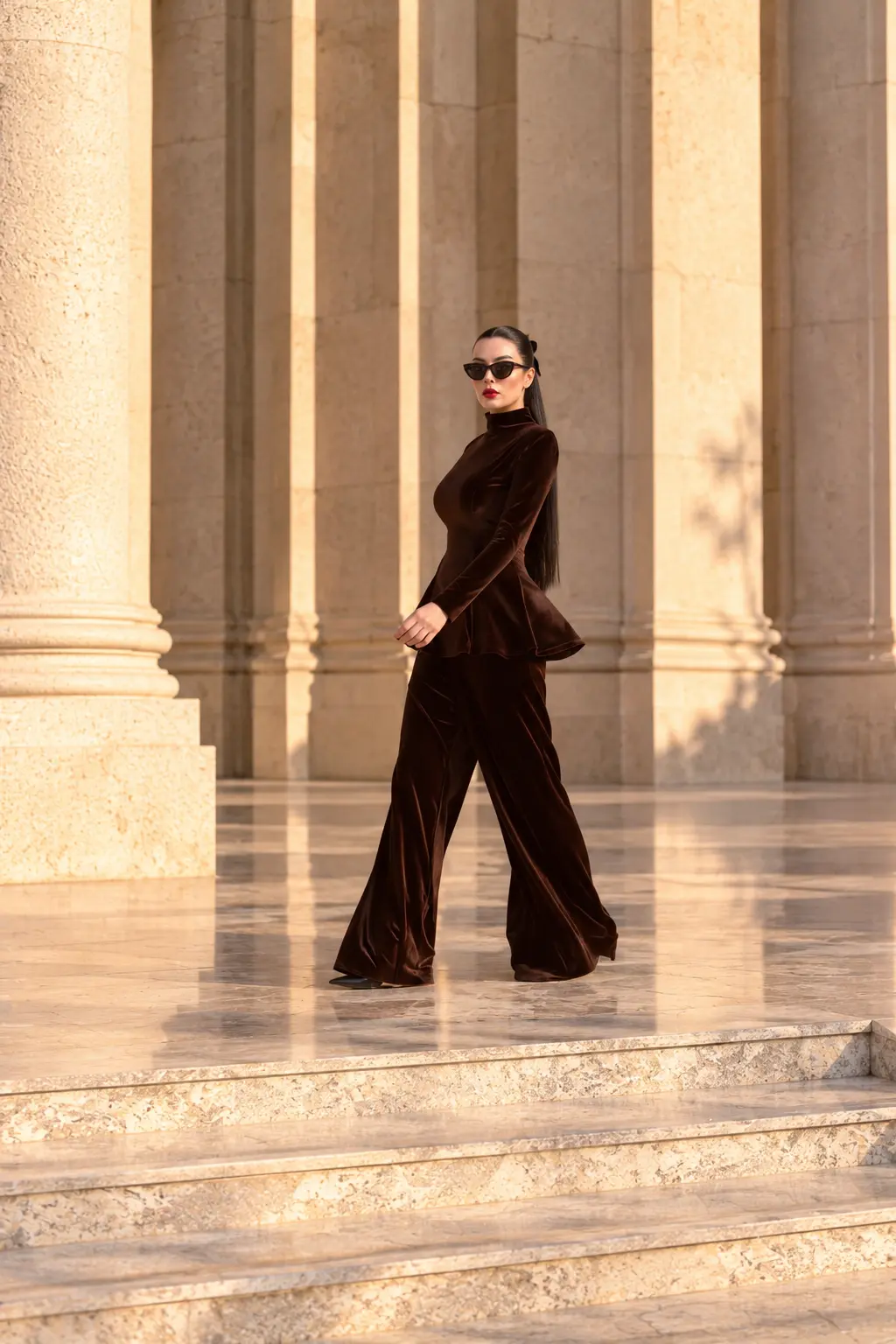 6260 - Peplum Bluz Palazzo Kadife İkili Takım Kahve