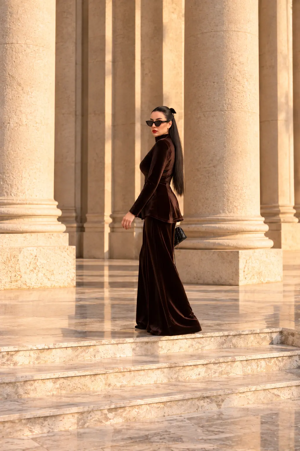 6260 - Peplum Bluz Palazzo Kadife İkili Takım Kahve - Görsel 5