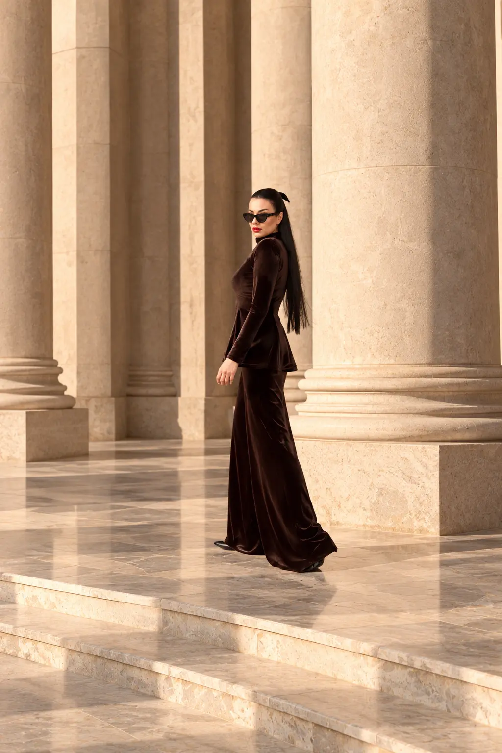 6260 - Peplum Bluz Palazzo Kadife İkili Takım Kahve - Görsel 4