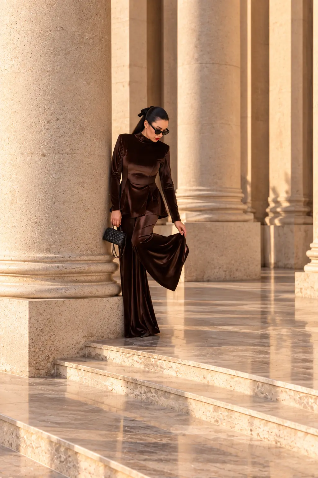 6260 - Peplum Bluz Palazzo Kadife İkili Takım Kahve - Görsel 3